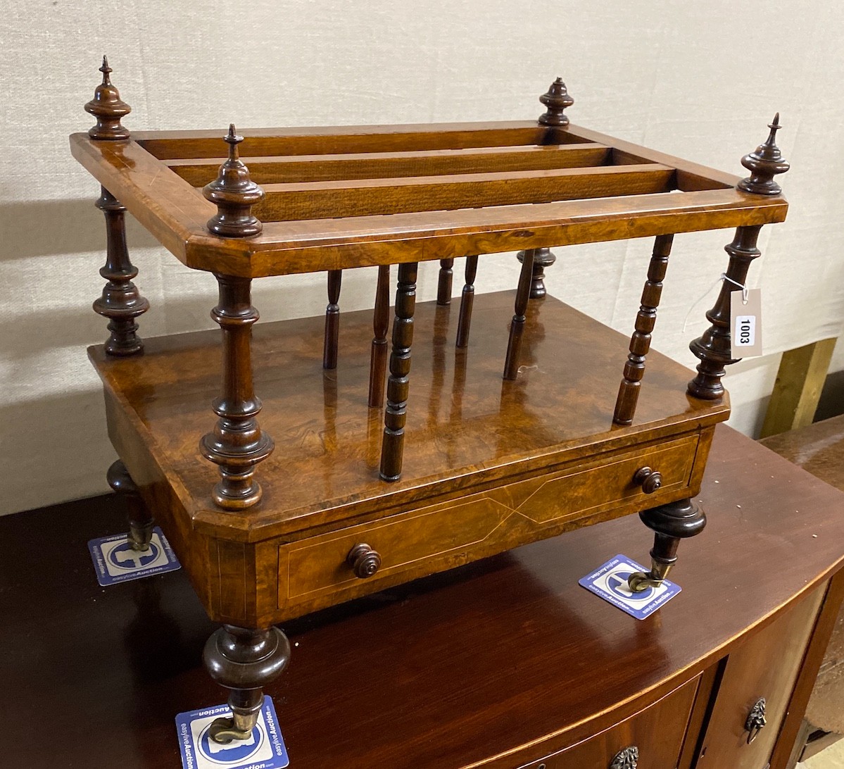 A Victorian and later burr walnut three division music canterbury, width 61cm, depth 40cm, height 58cm
